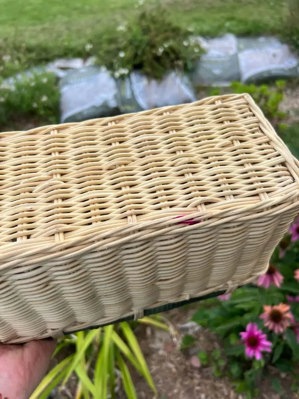 Vintage Divided Wicker and Bamboo Basket Caddy with Adjustable Handle